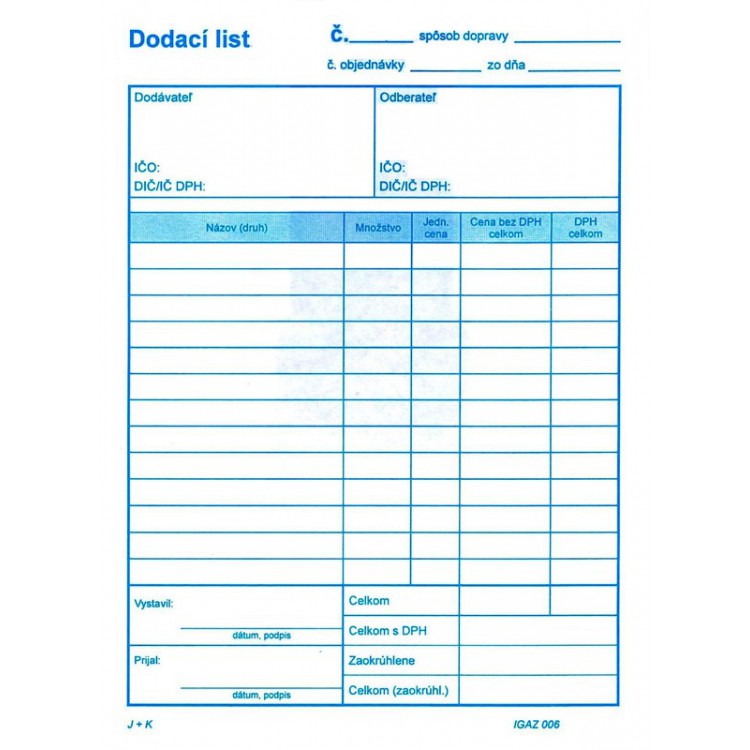Dodací list - vzor